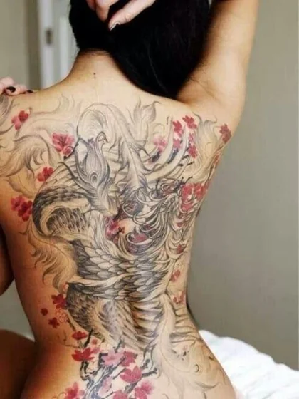 Japanese phoenix and floral tattoo design for women on back