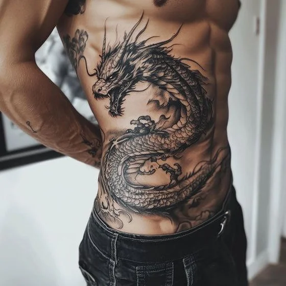 Japanese realistic dragon and cloud tattoo design for men on rib and hip tattoo ideas