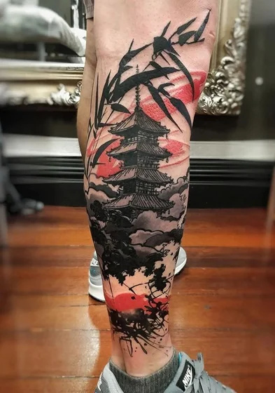 Japanese sketch pagoda bamboo clouds tattoo for men on leg