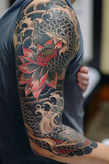 Japanese style Lotus and Koi Fish tattoo design for men on Full Sleeve