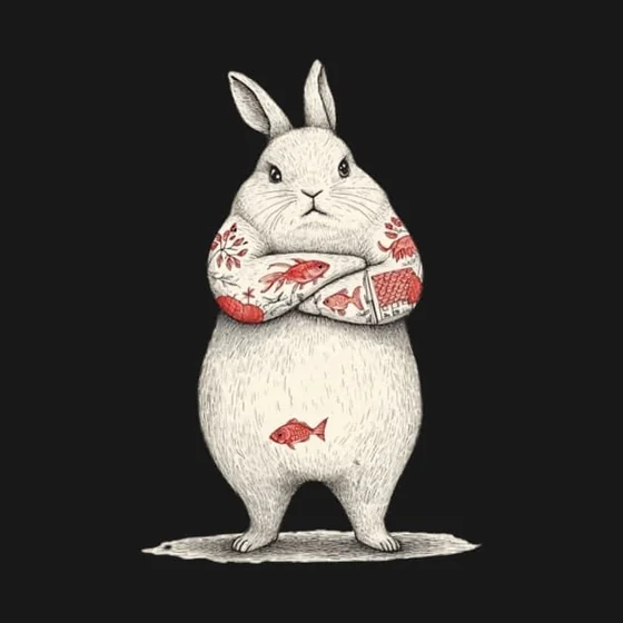Japanese style fish and floral tattoo design on a rabbit illustration
