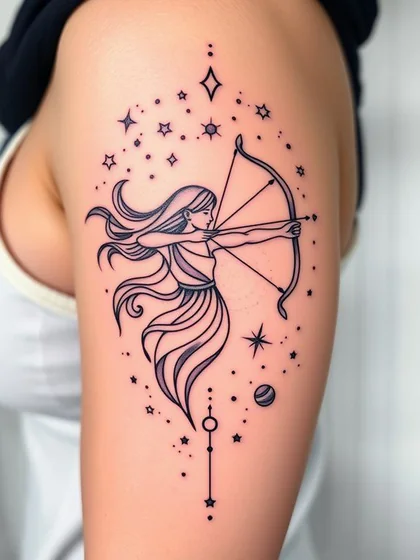 Linework Black And Grey Sagittarius star space tattoo idea for women on upper arm