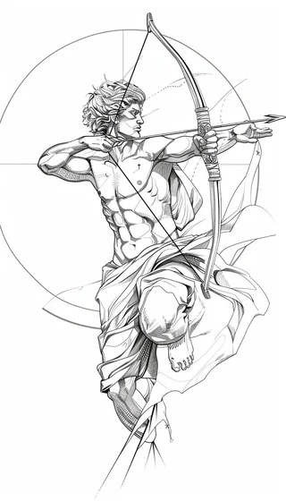 Linework Blackwork Greek archer with arrow and cross tattoo design for men