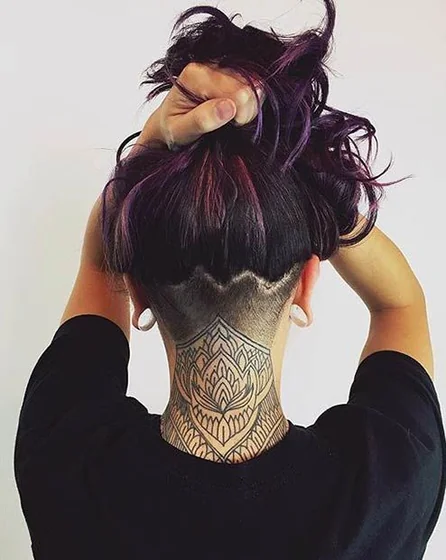 Linework Blackwork lotus floral tattoo design for women on neck