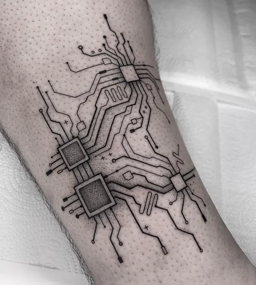 Linework Dotwork Circuit Board Microchip tattoo design for men and women on calf