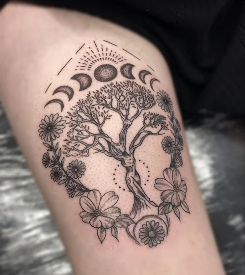 Linework Dotwork tree, moon, floral tattoo idea for women on leg.