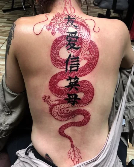 Linework Dragon & Blackwork Chinese Characters tattoo design for women on back