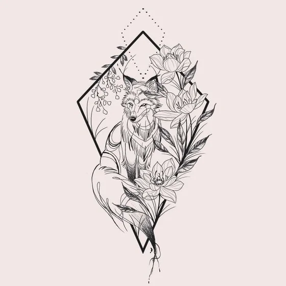Linework Geometric fox and floral tattoo design for men and women