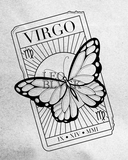 Linework Virgo butterfly Roman numeral tattoo design for women and men