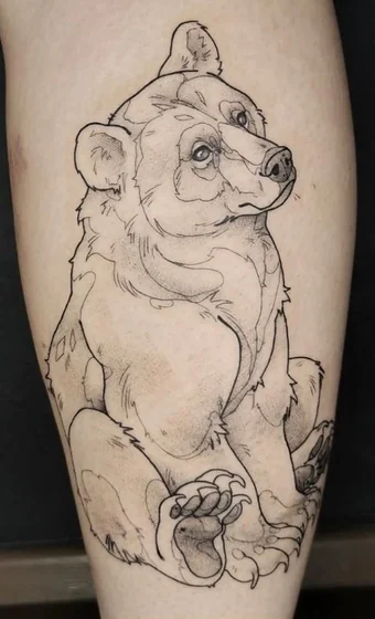 Linework and Dotwork bear tattoo design on leg