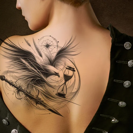 Linework black and grey eagle, sword, hourglass tattoo design for women on back