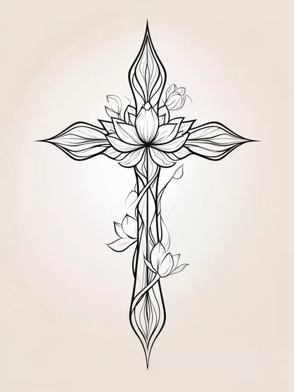 Linework cross with lotus flower tattoo design for women