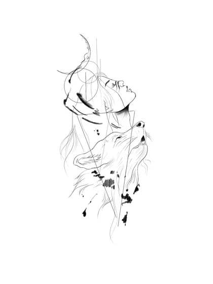 Linework geometric wolf and moon tattoo design for women