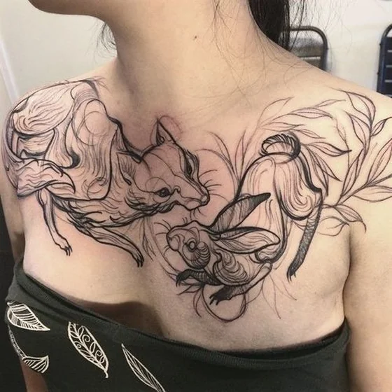 Linework sketch fox rabbit floral tattoo design for women chest