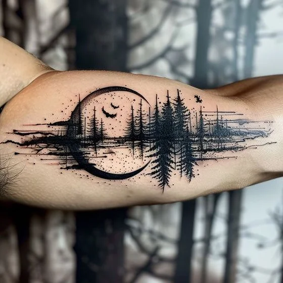 Linework sketch moon, nature, and bat tattoo design for men on bicep