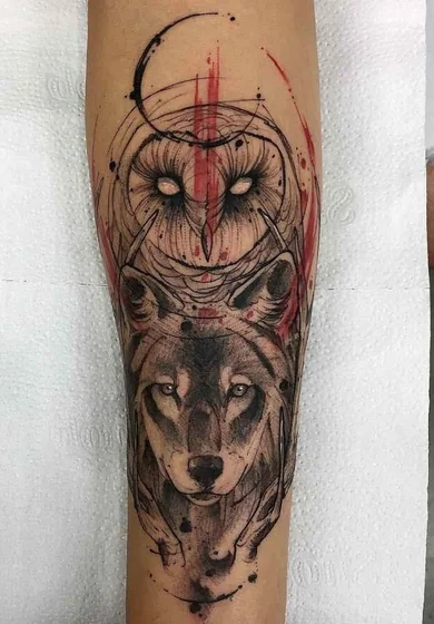 Linework watercolor owl and wolf tattoo design for men and women on forearm