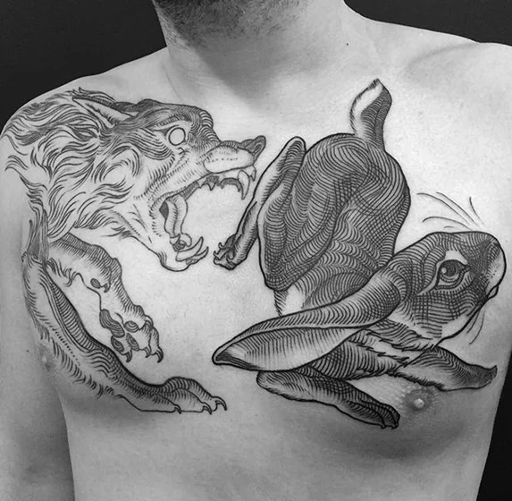 Linework woodcut wolf and rabbit tattoo idea for men on chest.