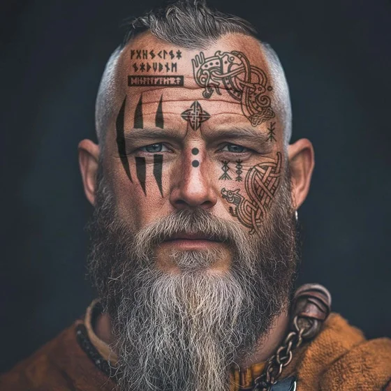 Masculine Viking Nordic cross Blackwork Linework tattoo idea on face