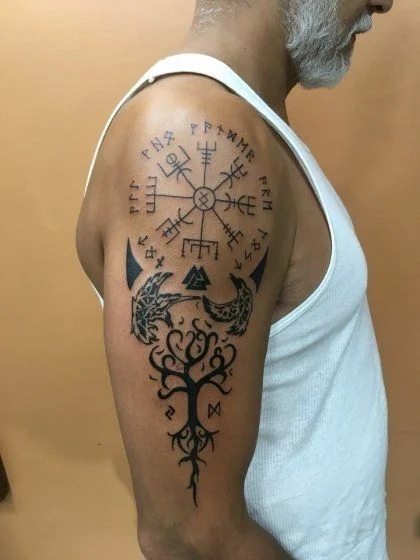 Men's Blackwork Linework Norse tattoo idea: Compass, tree, raven, upper arm.