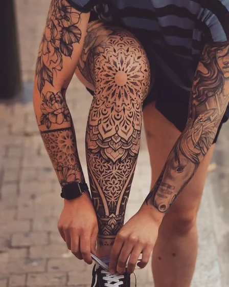 Men's Blackwork Patchwork tattoo design: floral, horse, mandala on leg