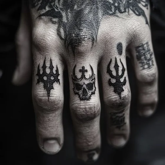 Men's Patchwork Blackwork skull, cross, trident finger tattoo.