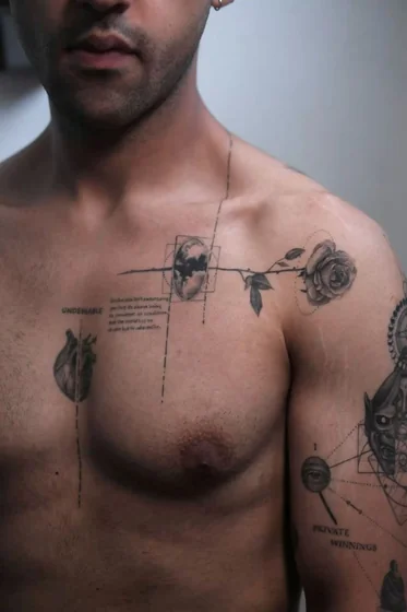 Men's Patchwork Fine Line tattoo with Rose, Heart, Globe, Eye on Chest, Shoulder