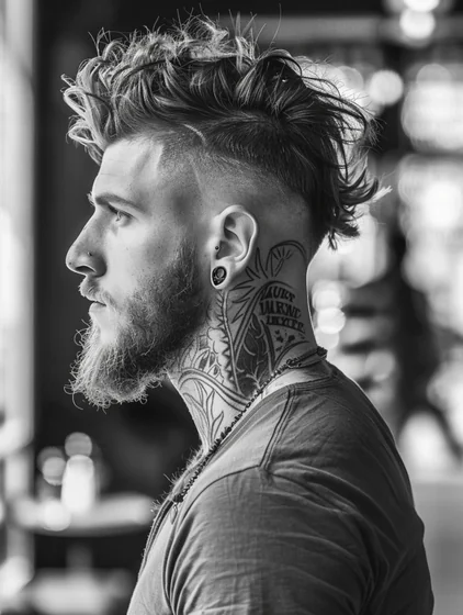 Men's Tribal Blackwork sun and word neck tattoo design
