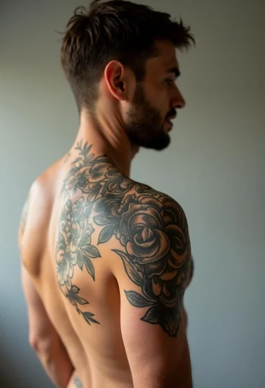 Men's black and grey floral tattoo idea on shoulder and back