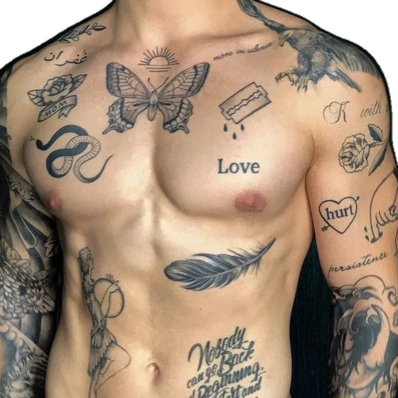 Men's patchwork black and grey tattoo idea with butterfly, rose, snake, razor blade on chest.