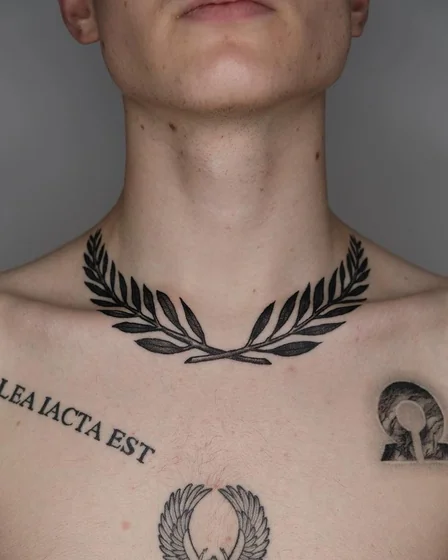 Men's patchwork blackwork laurel wreath and quote tattoo idea on neck/chest.