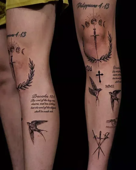 Men's patchwork fine line tattoo idea: quotes, swords, moons, swallows on leg.