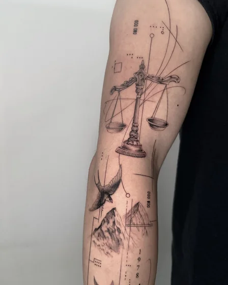 Men's patchwork sketch tattoo idea: Libra, bird, mountain, schematic on upper arm.