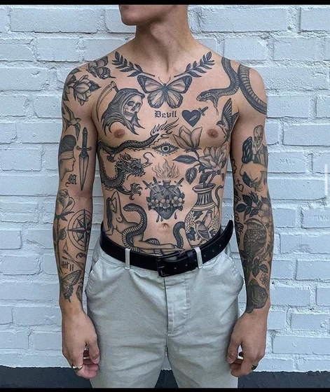 Men's patchwork traditional butterfly, skull, dragon tattoo design.