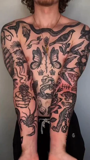 Men's patchwork traditional tattoo idea: snake, dragon, flower on chest & arms.