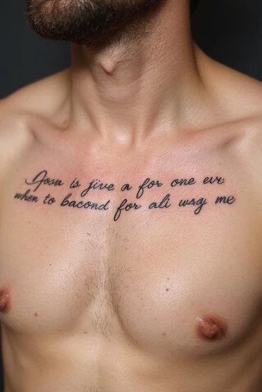 Men's script quote tattoo idea on chest and sternum