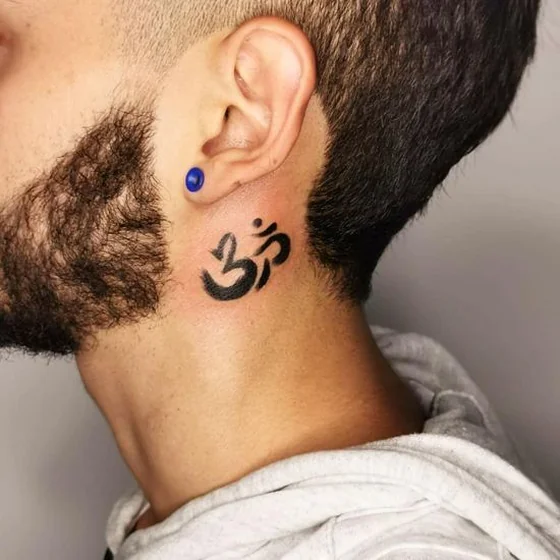 Minimalist Blackwork Om tattoo design for men on neck