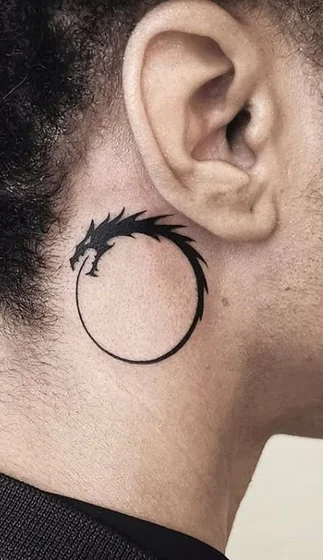 Minimalist Blackwork Ouroboros Dragon tattoo for men on neck