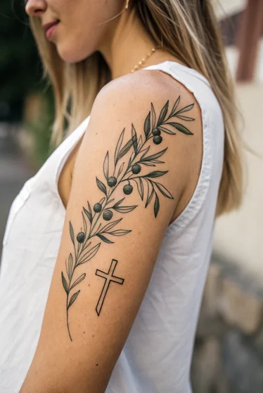 Minimalist Fine Line Floral Cross tattoo idea for women on Upper Arm