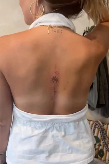 Minimalist Fine Line Palm Tree, Moon, Quote tattoo idea for women on back