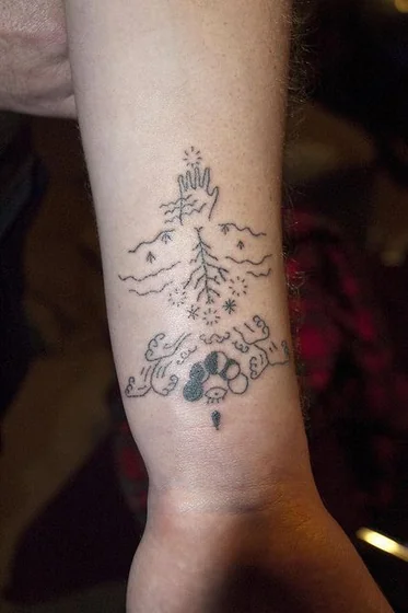 Minimalist Fine Line Tree, Paw Print, Hand, Eye tattoo idea for men on forearm