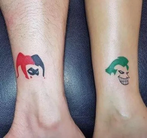 Minimalist Joker and Harley Quinn tattoo design for men and women on ankle