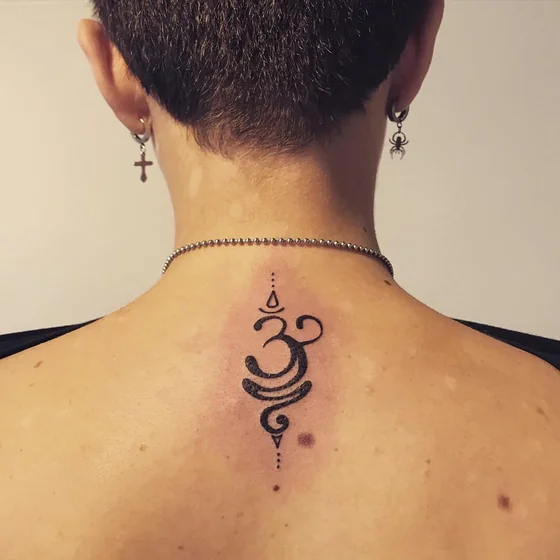 Minimalist Linework Om tattoo design for men & women on neck
