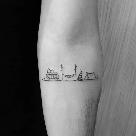 Minimalist camping van and trees tattoo for men on forearm.