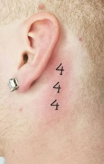 Minimalist fine line 444 tattoo design for men behind the ear