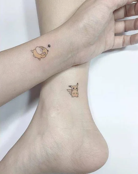 Minimalist fine line Pikachu & Psyduck tattoo design for women on forearm and ankle