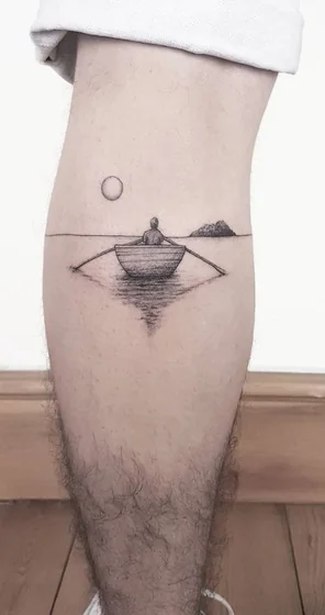 Minimalist fine line boat, sun, ocean, island tattoo idea for men on calf