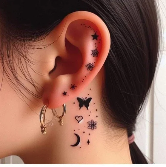 Minimalist fine line butterfly, moon, heart tattoo design for women on neck