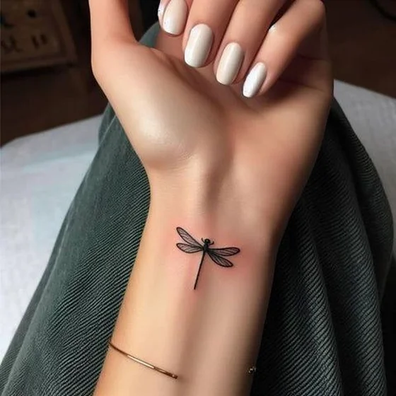 Minimalist fine line dragonfly tattoo design for women on wrist