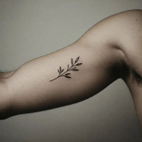 Minimalist fine line floral tattoo design for men on upper arm