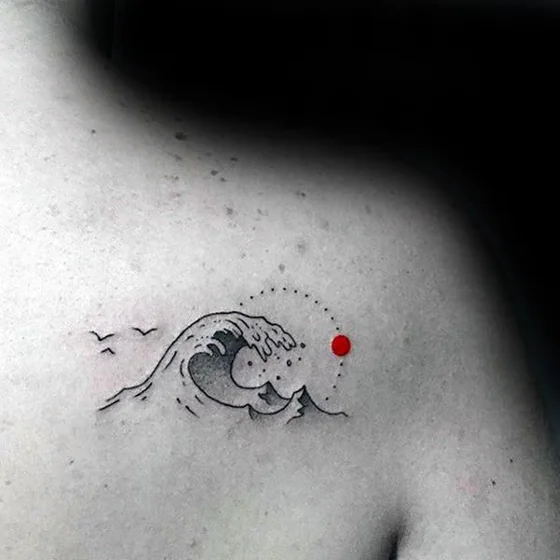 Minimalist fine line ocean, sun, and bird tattoo design for men on shoulder